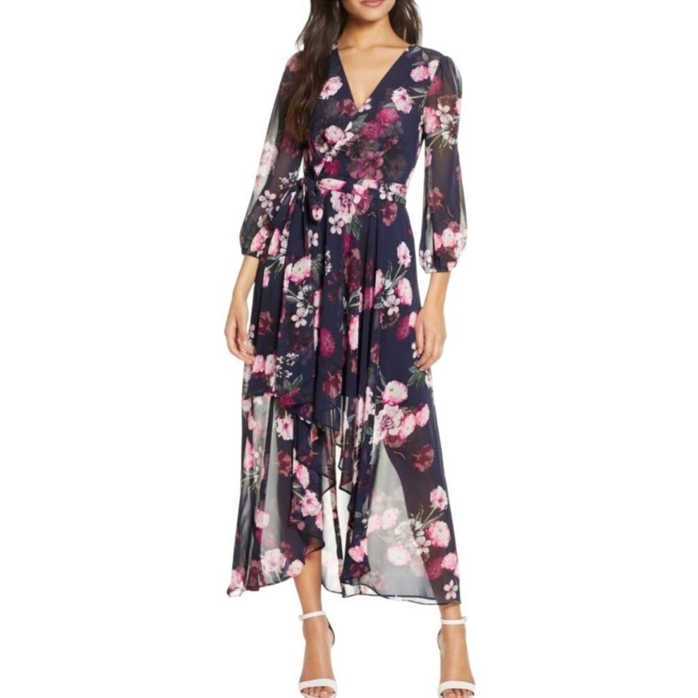 Eliza J Floral High Low Maxi Dress Navy Pink 4 NWT $329